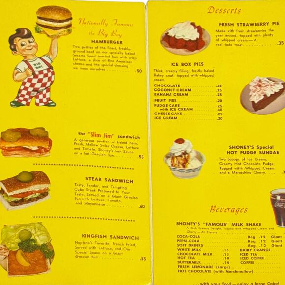 Vintage 1960s Shoney’s Big Boy Menu Restaurant Diner Authentic Alex Schoenbaum - Picture 5 of 16